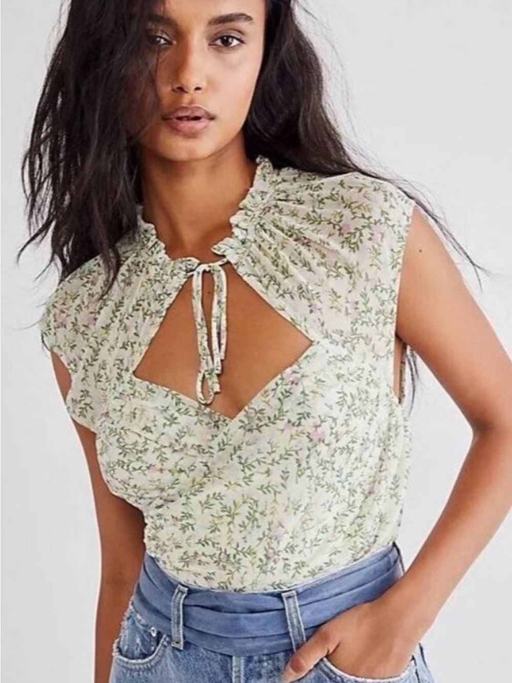 Free People Pale Green Floral Tie-Front Cap Sleeve Blouse